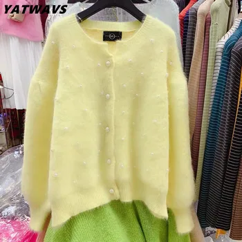 Корейский Свободный Мягкий мохеровый кардиган, свитера, Женская мода, расшитая бисером, осенне-зимнее однобортное толстое теплое вязаное пальто