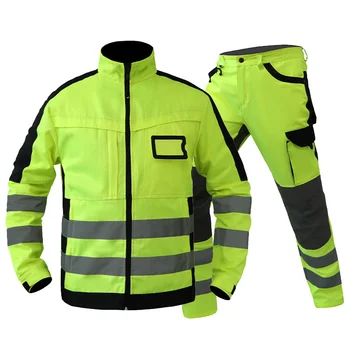 Костюм для спецодежды повышенной видимости, рабочий костюм, флуоресцентно-желтый комплект рабочей куртки и брюк с множеством карманов, рабочая одежда