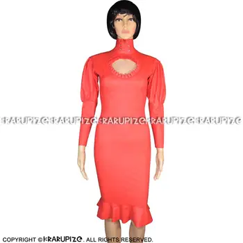 Красное сексуальное платье из латекса с пышными рукавами на молнии сзади И оборками, резиновый облегающий комбинезон, Плюс размер LYQ-0142