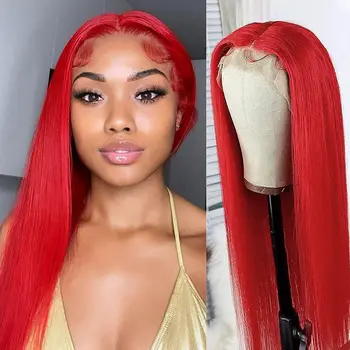 Красные парики из человеческих волос на кружеве Длинные прямые волосы огненно-красного цвета парик для женщин 13x4 HD Прозрачный парик на кружеве
