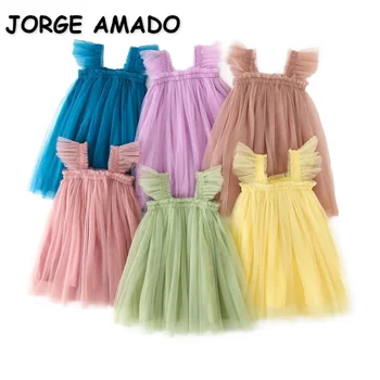 Летнее платье для маленькой девочки Слинг без рукавов с квадратным воротником Желтое Фиолетовое Розовое Синее Зеленое сетчатое платье принцессы Детская одежда E2200