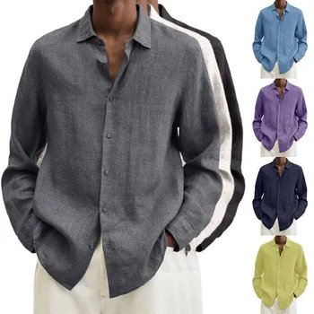Летние мужские повседневные рубашки поло, хлопчатобумажная льняная рубашка, блузка, свободный топ, официальная социальная рубашка с длинным рукавом, рубашки в стиле харадзюку, мужская одежда
