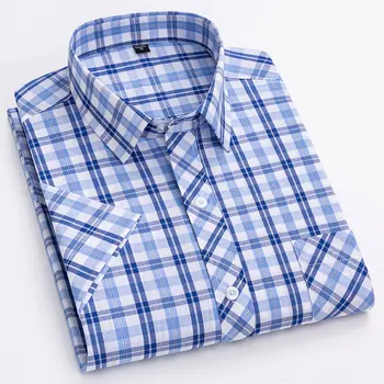 Летние мужские рубашки из чистого хлопка с коротким рукавом, роскошная мягкая тонкая дышащая повседневная рубашка в клетку для мужчин, обычная посадка