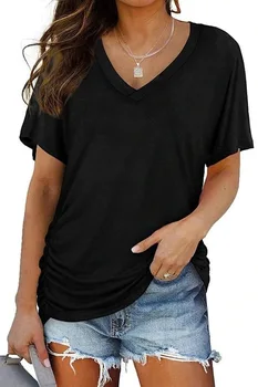 Летняя Женская футболка с короткими рукавами, Однотонные Повседневные Свободные топы С V-образным вырезом, Элегантная Винтажная блузка Для пригородных поездок, Модная Уличная одежда