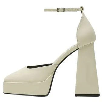 Летняя женская обувь на платформе и высоком каблуке, плюс размер 41, толстый каблук, квадратный носок, ремешок на щиколотке, бежевые туфли-лодочки на высоком каблуке