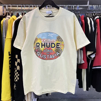 Летняя футболка RHUDE 2023, мужская и женская высококачественная повседневная футболка с коротким рукавом, футболки, топ