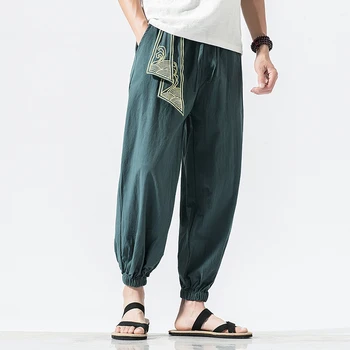 Льняные Дышащие Однотонные хлопчатобумажные Летние Весенние брюки Цвет 2023 Мужская уличная одежда в винтажном китайском стиле