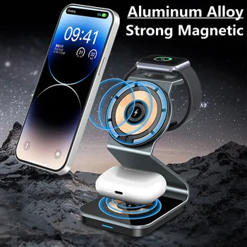 Магнитная Подставка для Беспроводного Зарядного Устройства мощностью 15 Вт 3 В 1 для iPone 14 13 12 Pro Max Mini Airpods Apple Watch Док-станция Для Быстрой зарядки