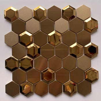 Металлическая мозаичная плитка из нержавеющей стали с 3D полированным золотом и шестигранником для украшения гостиной KTV