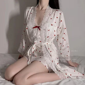 Милая сексуальная пижама женское лето 2021, новый летний комплект из двух предметов, ночная рубашка на подтяжках из ледяного шелка с накладкой на грудь, домашняя одежда
