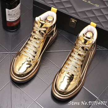 Модная Мужская Повседневная Обувь на платформе цвета: Золотистый, Серебристый, Кожаные Дизайнерские Кроссовки в стиле Хип-хоп, Увеличивающие Рост, Высокие Топы Zapatillas Hombre
