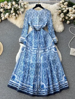 Модное Летнее сине-белое Фарфоровое Макси-платье из фарфора, Женское платье с классическим цветочным принтом, Пляжное Шифоновое платье с длинным рукавом, осень