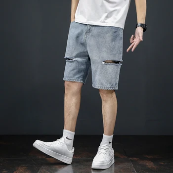 Модные Дырявые Мужские джинсовые шорты Уличного Хип-хоп Кроя С Ножом, Прямые брюки из пяти частей, Универсальные брюки Светлого цвета