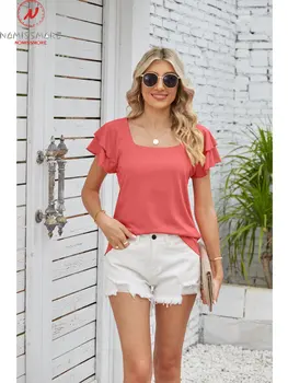 Модные женские летние однотонные футболки в стиле пэчворк с оборками, квадратный воротник, рукав-лепесток, свободные пуловеры, топ