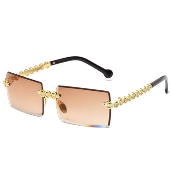 Модные квадратные солнцезащитные очки без оправы с бриллиантами, новый бренд, дизайнерские женские маленькие солнцезащитные очки, очки с роскошными металлическими оттенками UV400