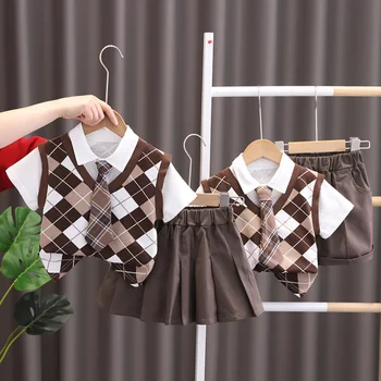 Модный летний костюм для мальчиков и девочек 2023 года, детская одежда, детский комплект, юбка с короткими рукавами и завязками, Брюки, комплект из 2 предметов