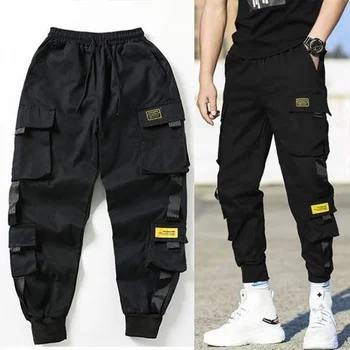 Мужские брюки-карго с черным карманом, Шаровары, спортивные штаны Harajuku, хип-Хоп Тактические Брюки