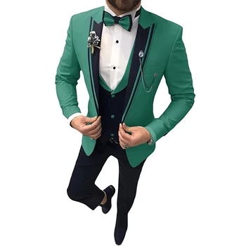 Мужские костюмы из 3 предметов Slim Fit 2023, Модные Зеленые Смокинги для Женихов на свадьбу (Пиджак + Жилет + Черные брюки) Костюмы Для Выпускного вечера на Званый ужин