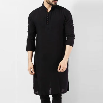 Мужские мусульманские халаты Повседневные Хлопчатобумажные Топы с длинным рукавом-стойкой, Арабская Исламская одежда, Пакистанская рубашка, кафтан размера плюс 5XL
