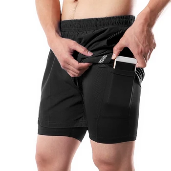 Мужские шорты для бега 2-В-1 с карманами-петлями для полотенец, быстросохнущие шорты для тренировок в тренажерном зале