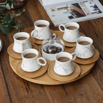 Набор керамических кофейных чашек и блюдец на деревянном поддоне, чашка для концентрата, набор из 6 предметов, миска для закусок с керамической стеклянной крышкой, послеобеденные чайные сервизы