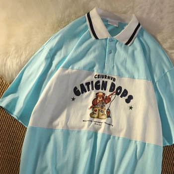 Небесно-голубая толстовка, летние винтажные хлопковые футболки-поло в стиле пэчворк с буквенным принтом 