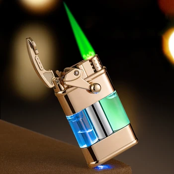 Новая креативная Ветрозащитная Газовая зажигалка с металлическим зеленым светом, Бутановая горелка, зажигалка для сигар, зажигалка с перекидным зажиганием, Мужской подарок