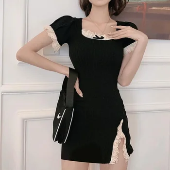 Новое Женское мини-черное платье в корейском стиле Harajuku, Винтажные эстетичные платья с коротким рукавом, Корейская модная Летняя одежда Kpop