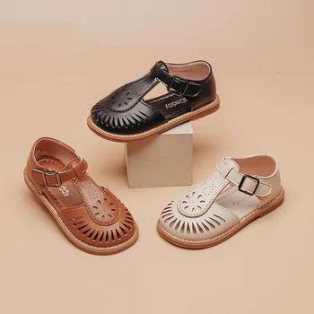 Новые детские Сандалии Для девочек; Дышащая Пляжная обувь с вырезами для девочек; Сандалии для девочек; Цвет Черный, коричневый, Белый; Детская обувь на плоской подошве; F03243