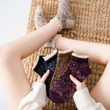 Новые японские женские носки-лодочки в стиле ретро с цветочным рисунком, корейские носки