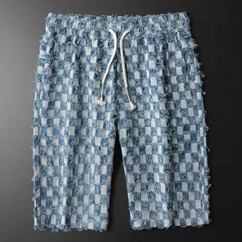 Новый модный тренд Джинсовые Поношенные пляжные брюки Мужские модные повседневные шорты Высококачественные Контрастные по цвету Короткие брюки Мужская уличная одежда