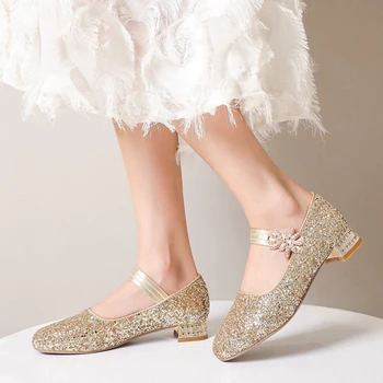 Обувь для девочек С Украшением в виде кристаллов, Золотые Блестки, Туфли Принцессы на Высоком Каблуке, 2021, Нескользящие, Маленькие и Большие Размеры 28-45, 2198