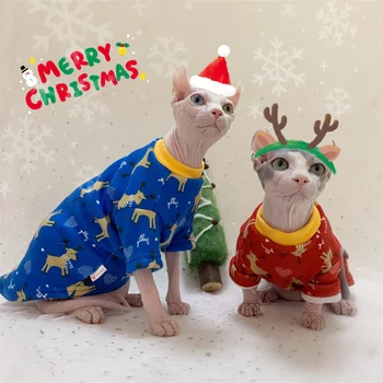 Одежда для бесшерстной кошки Сфинкс, Вязаная толстовка с принтом лося, пуловер, хлопковая нижняя рубашка, Рождественская одежда для домашних животных для Девонской кошки