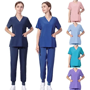 Однотонная медицинская униформа для медсестер, Комплект скрабов, Женский Топ и брюки с V-образным вырезом, Медицинские скрабы для врача, медсестры, косметолога