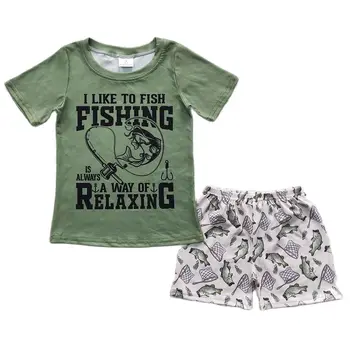 Оптовая продажа летних зеленых футболок с короткими рукавами для маленьких мальчиков и девочек, рубашка для рыбалки, детская одежда для бутика