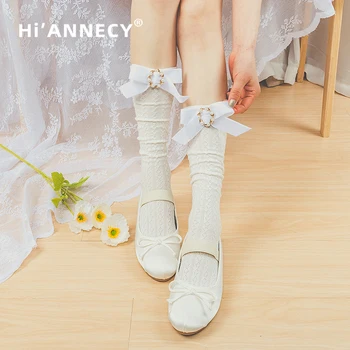 Оригинальные кружевные носки для девочек из ультратонкого шелка HIANNECY, черно-белые носки JK Calf Lolita, милые студенческие носки с большим бантом, летние носки