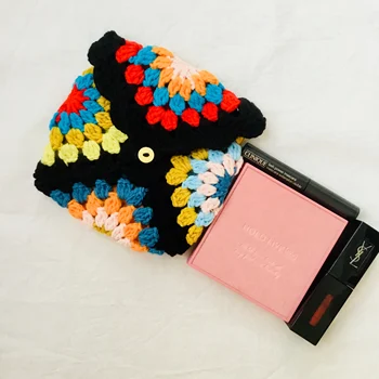 Оригинальный черный женский кошелек, связанный крючком, красочный кошелек в цветочек, милая клетчатая косметичка в клетку, квадратные сумки ручной работы в клетку для бабушки