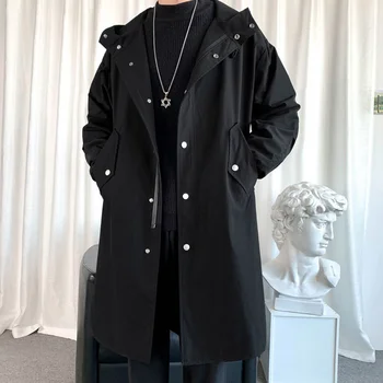 Осенне-зимний новый мужской тренч средней и длинной длины в корейском стиле, модное свободное пальто для отдыха, куртка с капюшоном