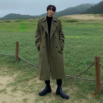 Осенний мужской тренч, свободное Корейское красивое трендовое пальто средней длины выше колена, длинное пальто-накидка