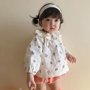 Осенняя блузка с отложным воротником в цветочек для маленьких девочек, милые розовые хлопковые шорты, модная одежда для младенцев