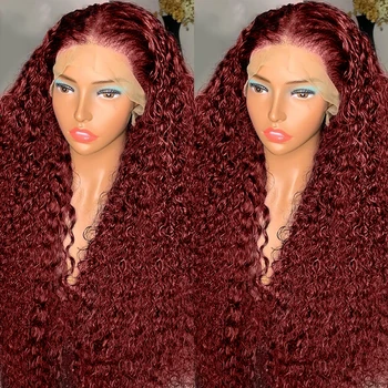 Парики из человеческих волос на кружеве 99j для женщин Бразильского 13x4 вьющегося красно-бордового цвета, парик из человеческих волос на кружеве, предварительно выщипанный 30 дюймов