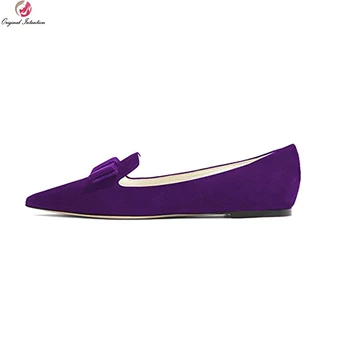 Первоначальное намерение Новые Элегантные женские туфли на плоской подошве с острым носком, Черные, черные, синие, фиолетовые, винно-красные женские туфли, большие размеры США 4-15