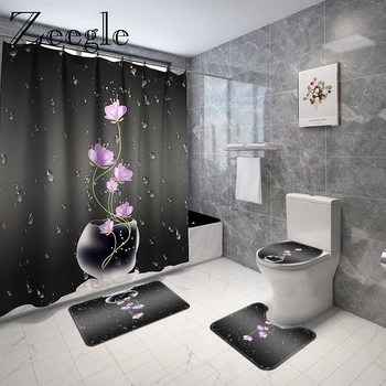 Печатный цветочный коврик для ванной и занавеска для душа набор впитывающих туалет ковер пола из микрофибры сиденье для унитаза крышка коврик для ванной коврик