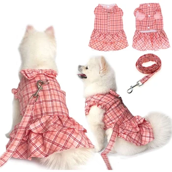 Платье для собак, юбка для щенков с поводком, розовые платья принцессы в клетку для собак, кружевное платье для собак с милым бантом, юбка-поводок для собак, набор