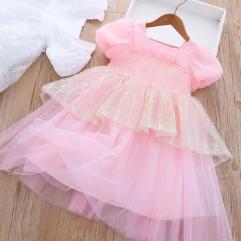 Платье из пушистой пряжи для девочек, новое летнее платье с блестками 2023 для детей, платье принцессы на день рождения, детское праздничное платье для девочек
