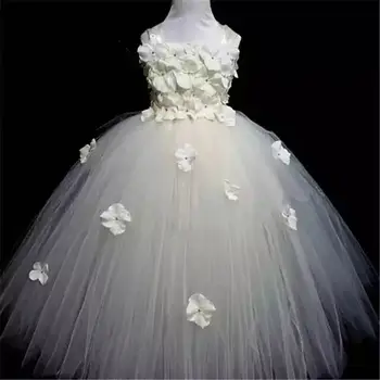 Платье-пачка с лепестками белых сказочных цветов для девочек, детское тюлевое платье, бальное платье с бантом для волос, детское платье для костюмов на День рождения, свадьбу, вечеринку