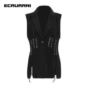 Повседневное Черное пальто на шнуровке ECRURANI в стиле пэчворк, женское пальто без рукавов с лацканами, молнии для похудения, Однотонные пальто, Женская одежда в стиле 2021 года