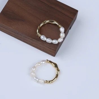 Позолоченный Натуральный Белый цвет, Настоящее регулируемое кольцо из эластичной веревки с рисовым жемчугом