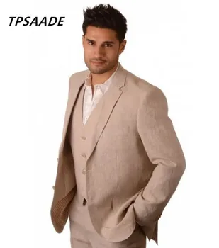 Последние дизайны пальто и брюк Льняные костюмы мужские Приталенный Простой летний блейзер Для современных вечеринок, 3 предмета в комплекте, куртка и брюки V-образный вырез