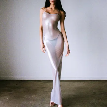 Прозрачное облегающее платье макси на бретельках, женское Летнее Сексуальное платье без рукавов с открытой спиной, длинные платья Y2K, сарафан для пляжного отдыха